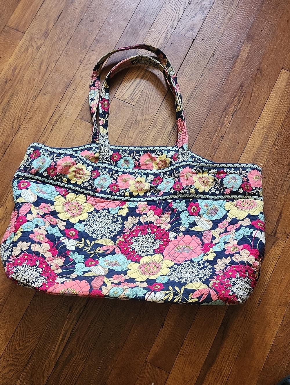 Vera Bradley Navy Quilted Floral Tote with Pink and Yellow Accents